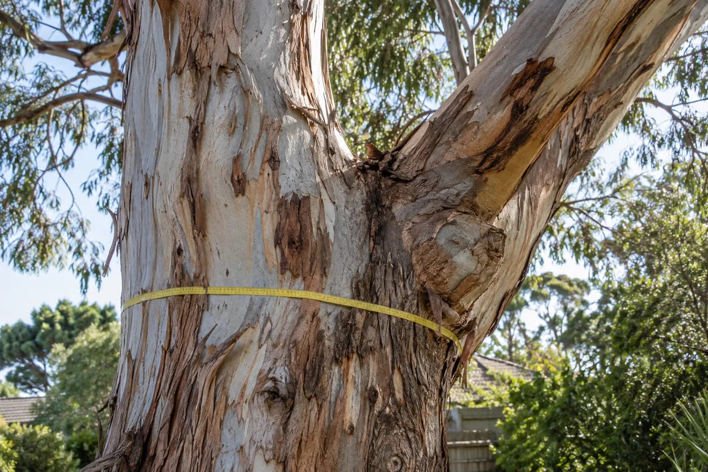 Eucalyptus trunk and branch junction with a measuring tape around the bark